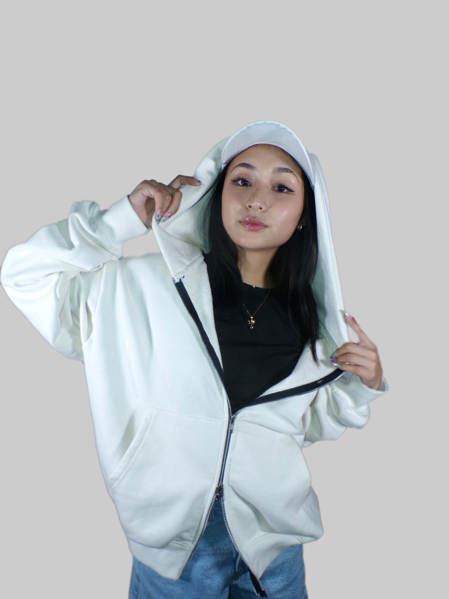 “BLOOM” IVORY CREAM SOLID DOUBLE ZIP HOODIE