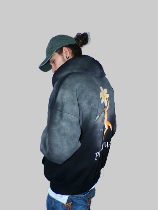 “BLOOM” BLACK ICE WASHED DOUBLE ZIP HOODIE