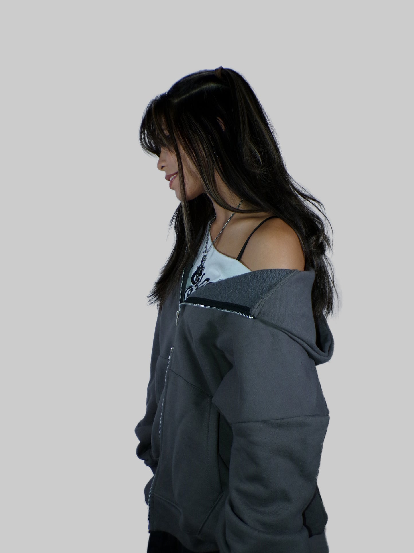 “BLOOM” CHARCOAL GRAY SOLID DOUBLE ZIP HOODIE