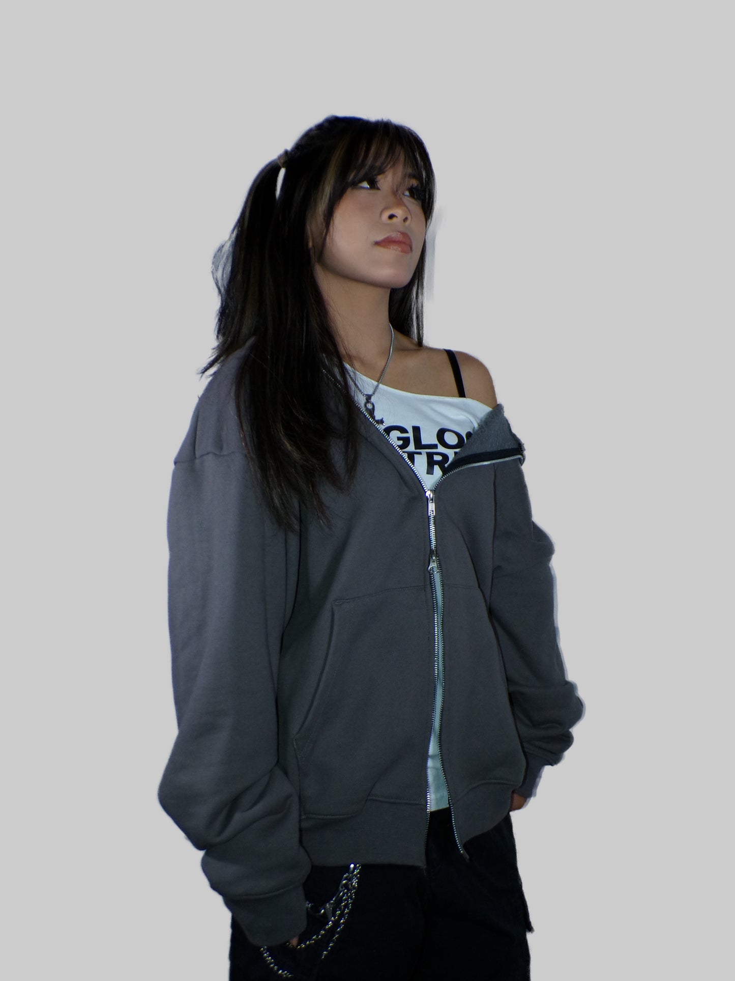 “BLOOM” CHARCOAL GRAY SOLID DOUBLE ZIP HOODIE